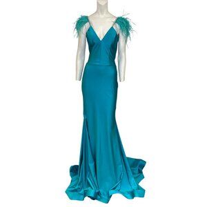 Jessica Angel 904 Feather Embellished Open Back Gown Seafoam Size Small NWT